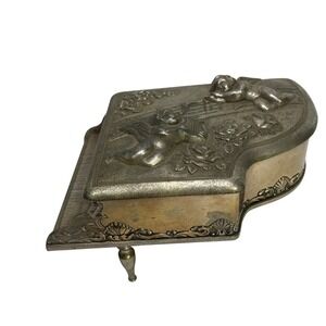 VTG Grand Piano Music Jewelry Box Cherub Angel Embossed Metal Japan Red Velvet